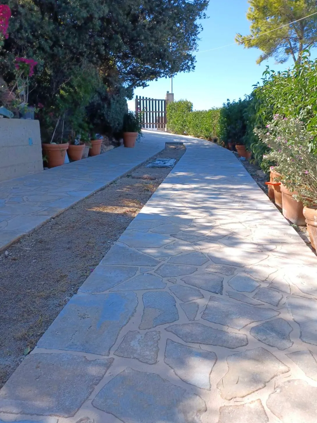 Πέτρινο μονοπάτι με φυσική πέτρα σε κήπο, με γλάστρες και βλάστηση